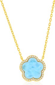 SIMONA Larimar & Cubic Zirconia Halo Flower Pendant Necklace