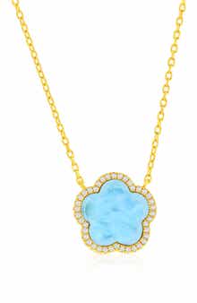 SIMONA Larimar & Cubic Zirconia Halo Flower Pendant Necklace