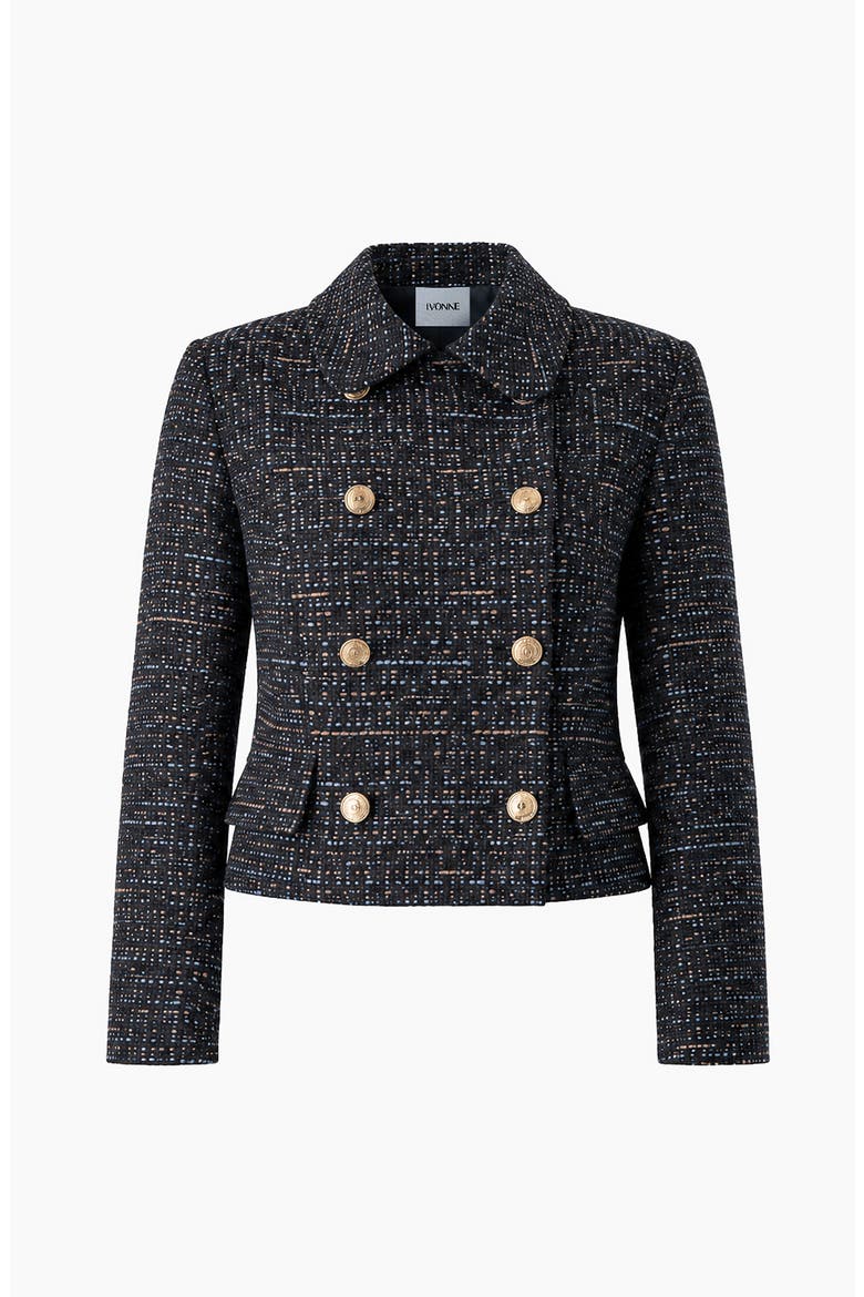 Double-Breasted Tweed Jacket with Flap Pockets, Alternate, color, Navy Blue
