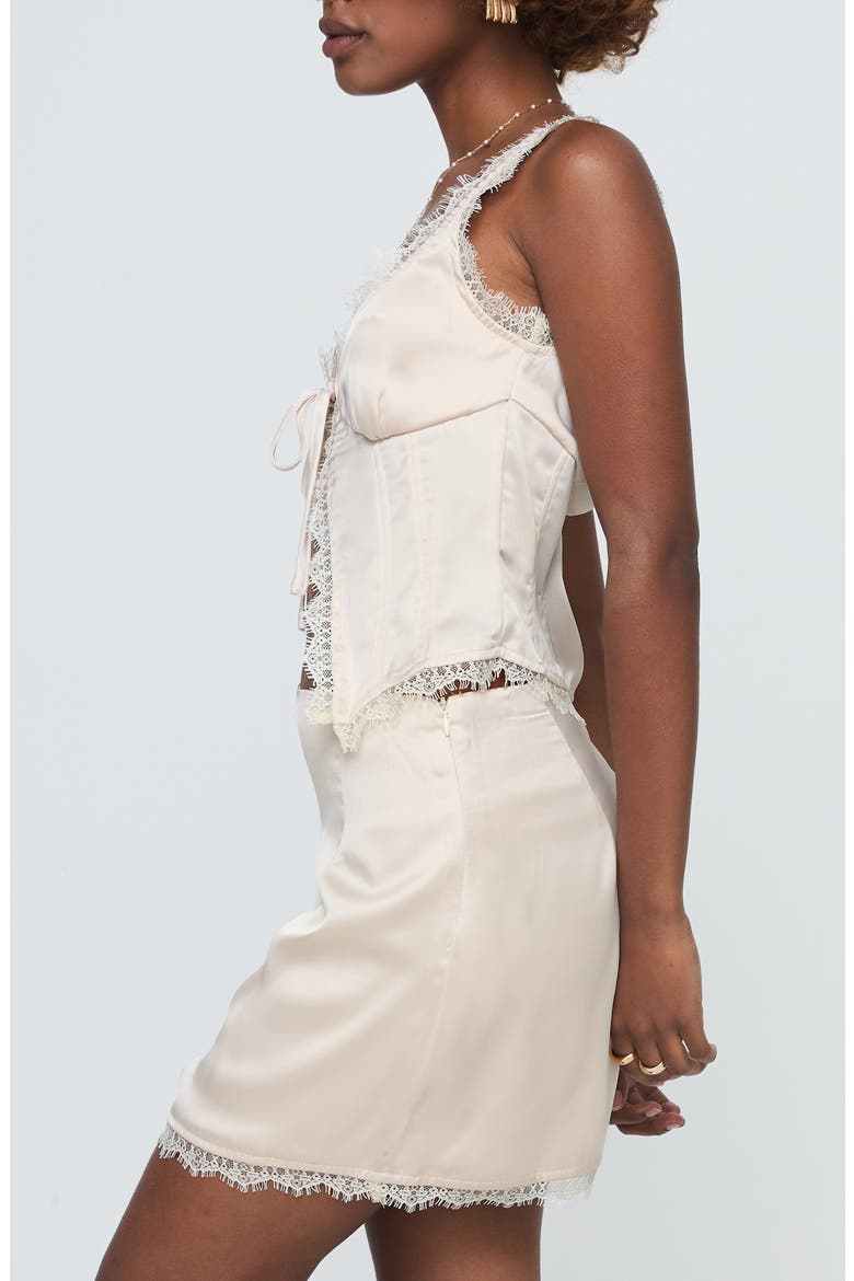 Mavie Two-Piece Lace & Satin Split Tie Top & Miniskirt, Alternate, color, CHAMPAGNE