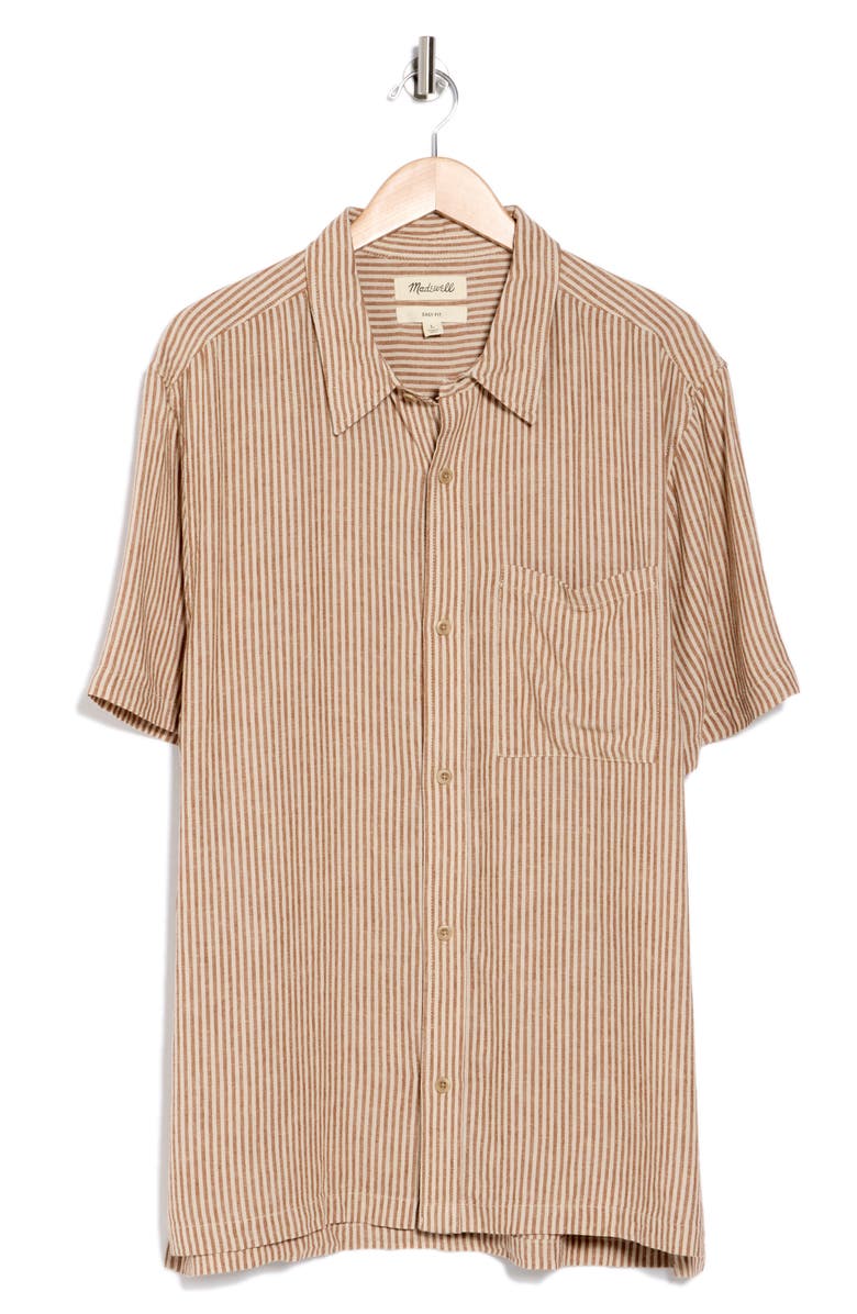 Madewell Easy Stripe Short Sleeve Linen Blend Button-Up Shirt, Alternate, color, Warm Coffee