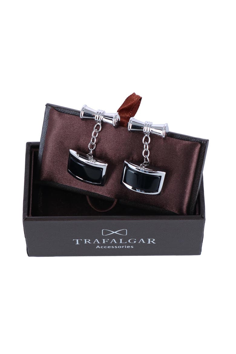 Esteban the Black Agate Cufflinks, Alternate, color, Silver
