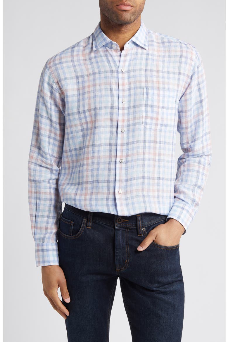 Breakwater Check Linen Button-Up Shirt, Main, color, BLUE MULTI