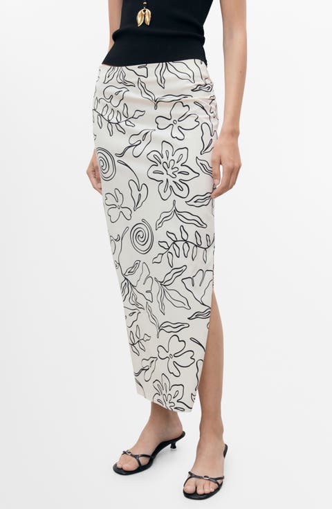 Doodle Print Cotton Blend Midi Skirt