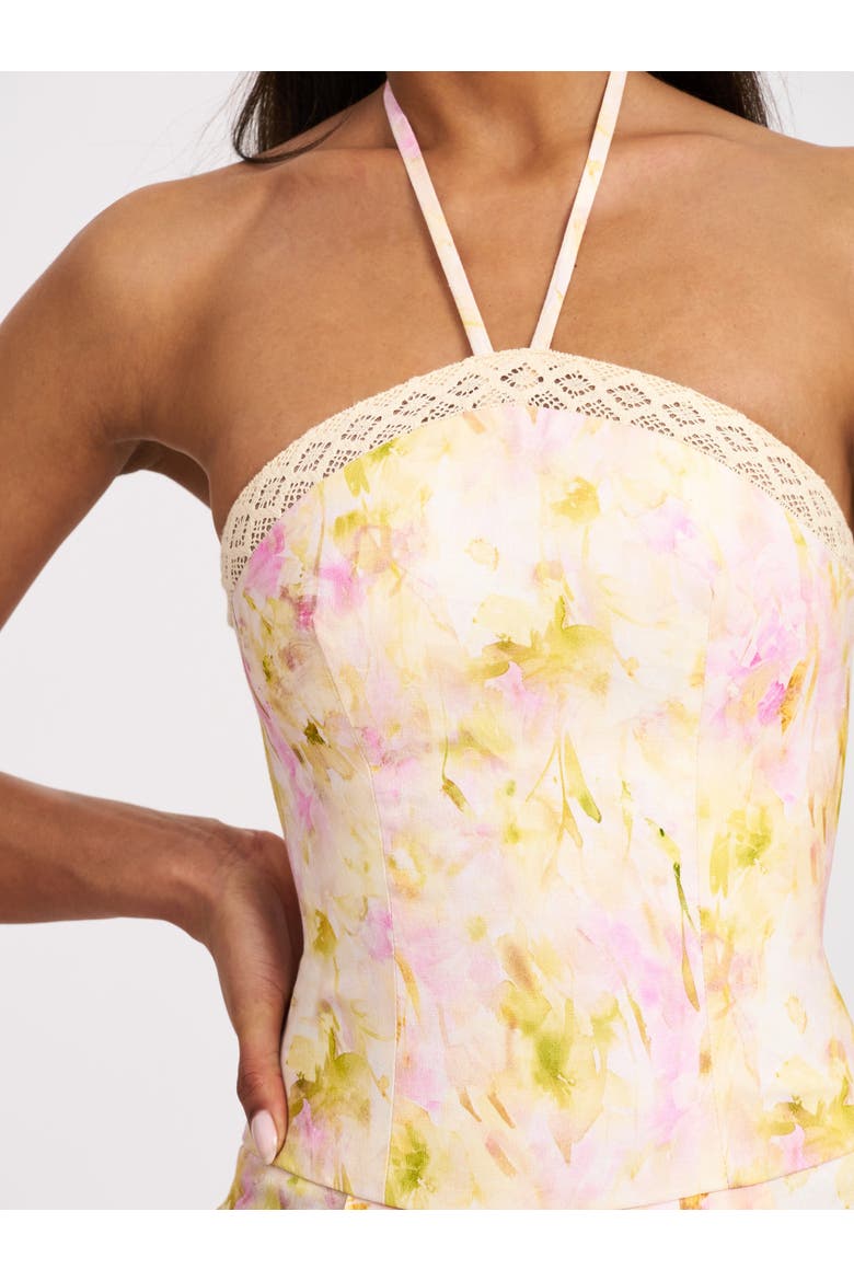 Zaina Floral Print Lace Trim Linen Midi Dress, Alternate, color, Yellow and pink floral print