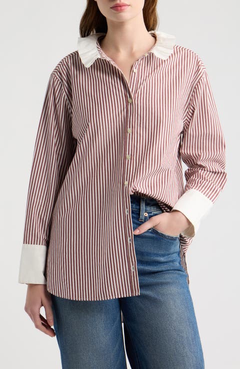The Ruffle Neck Striped Cotton Shirt