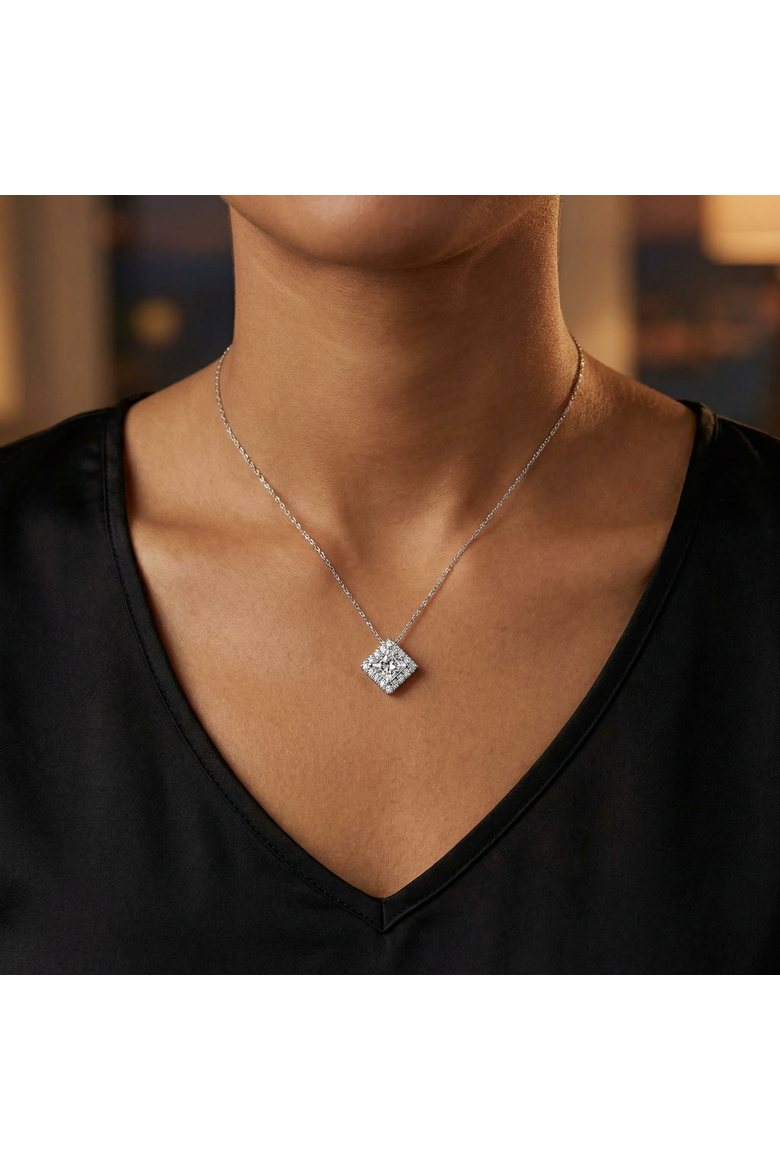 1 1/5Ct TW Princess Cut Diamond Lab Grown Halo Pendant Gold Necklace, Alternate, color, 10k White Gold