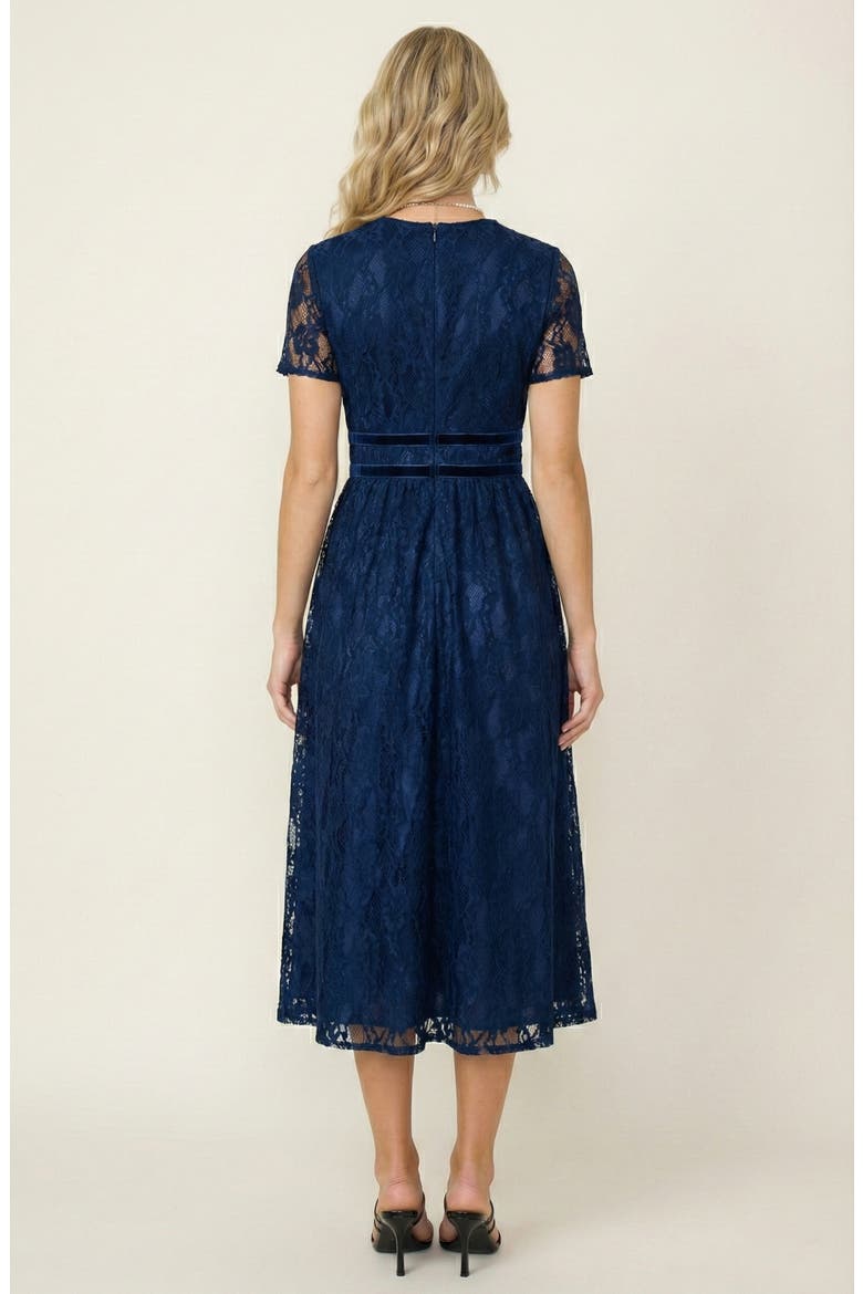 Lace Midi Dress with Sheer Short Sleeves and Velvet Waistband Detail, Alternate, color, Navy