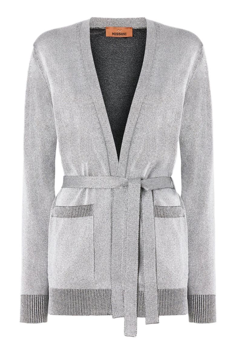 Lamé Fabric Cardigan With Belt, Alternate, color, Light Blue