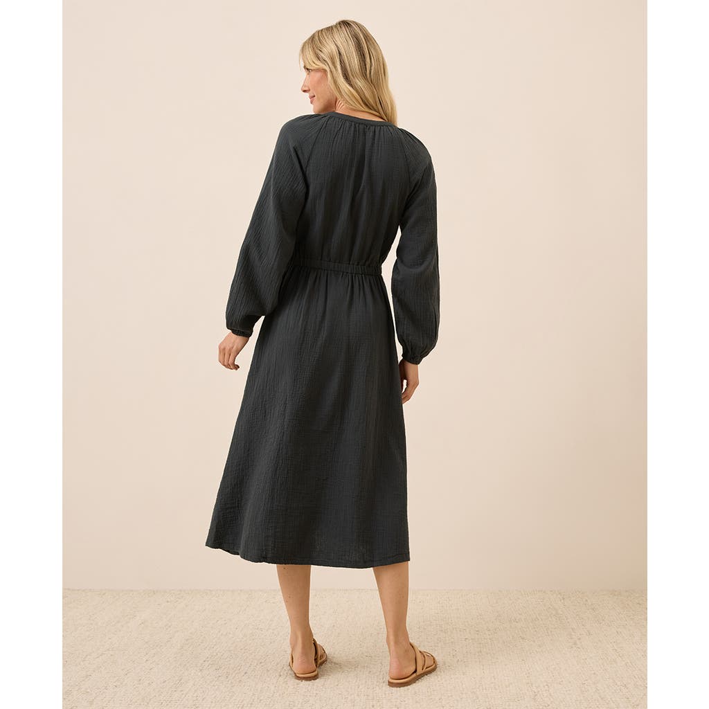 Pact Organic Cotton Coastal Double Gauze Poet Sleeve Dress In Black