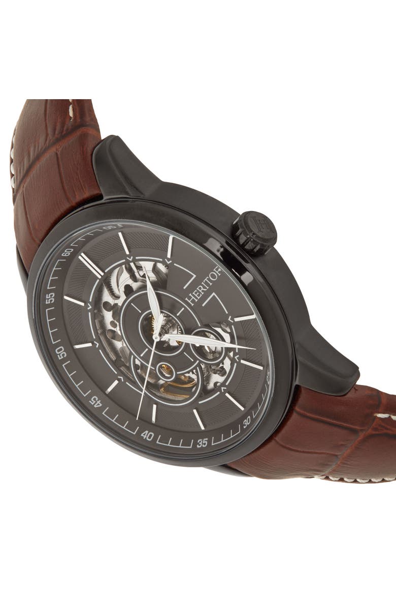 Davies Semi-Skeleton Leather-Band Watch, Alternate, color, Black/Brown