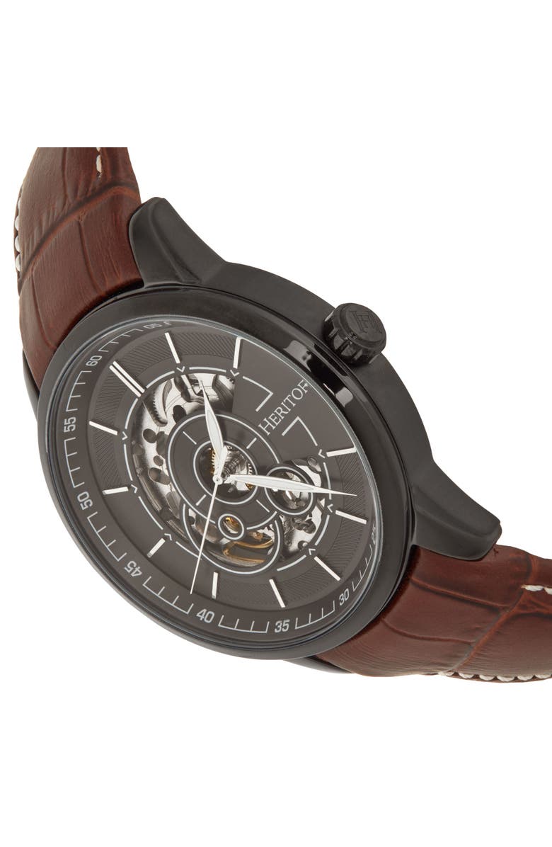 Heritor Automatic Davies Semi-Skeleton Leather-Band Watch, Alternate, color, Black/Brown