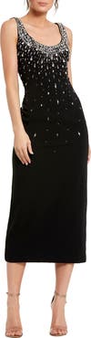 Mac Duggal Beaded Crepe Scoop Neck Sleeveless Sheath Midi Dress