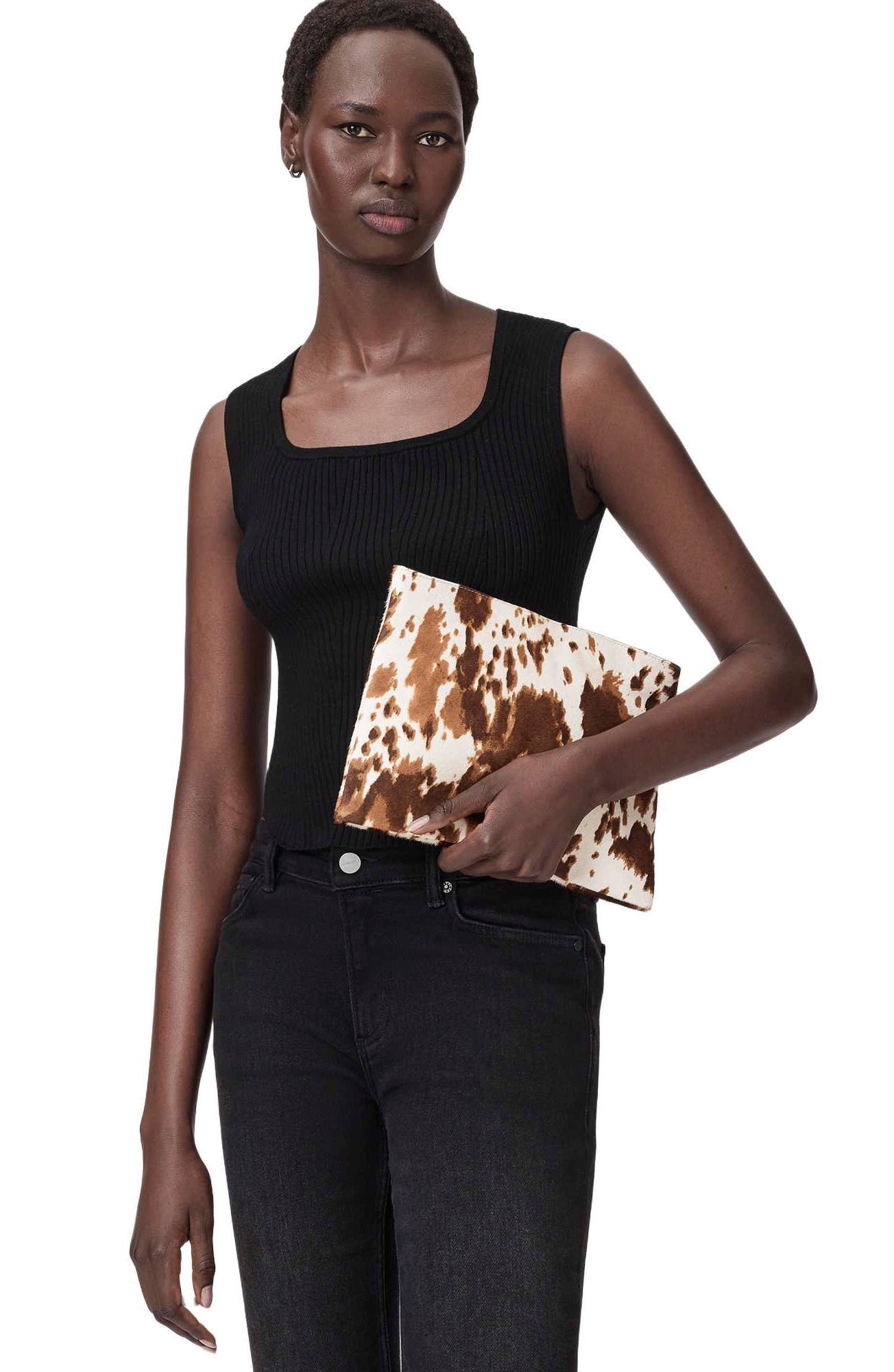 AllSaints Bettina Genuine Calf Hair Clutch, Alternate, color, Cow Print