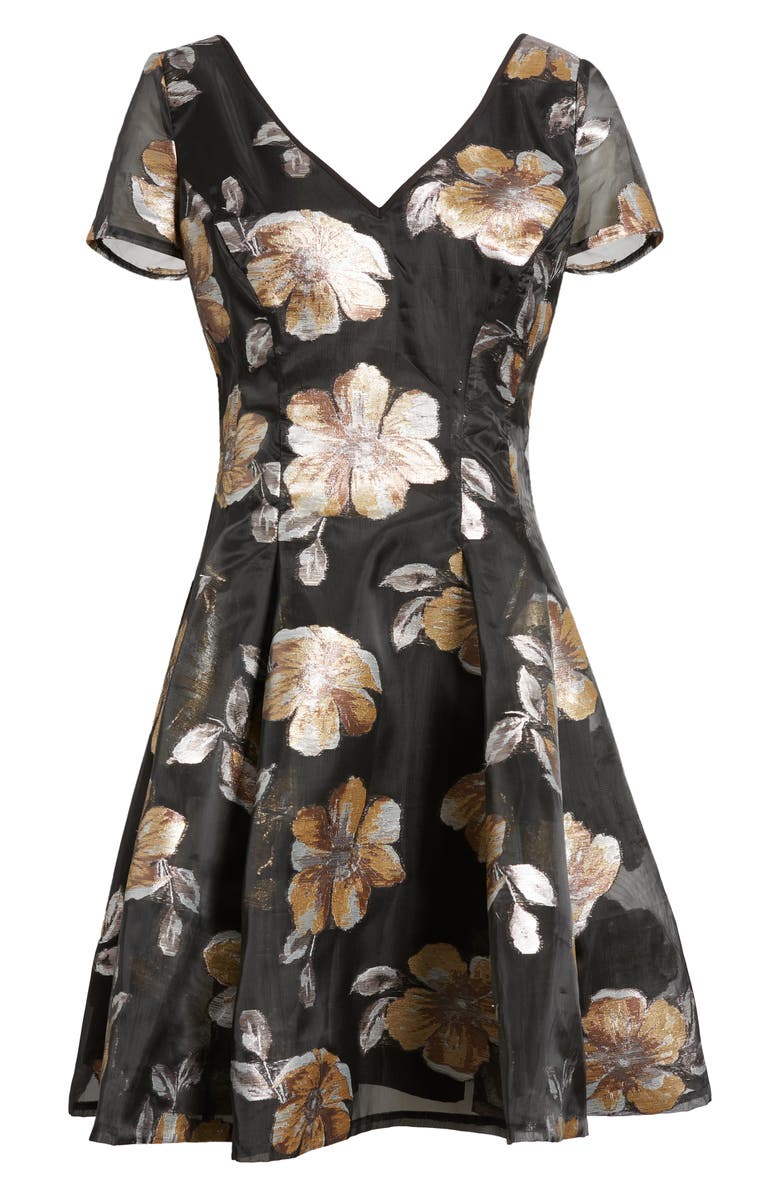 Shani Metallic Floral Jacquard Fit & Flare Organza Dress, Alternate, color, Black/ Gold