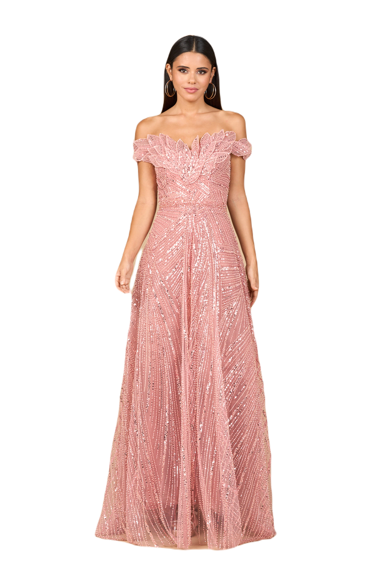 Off Shoulder Beaded Ballgown, Main, color, Dusty Rose