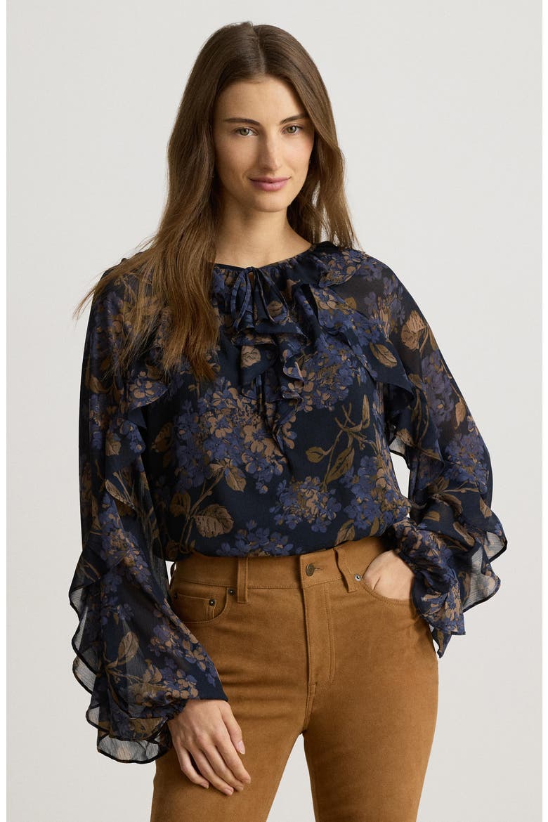 Floral Print Ruffle Trim Blouse, Alternate, color, NAVY BLUE/ MULTI