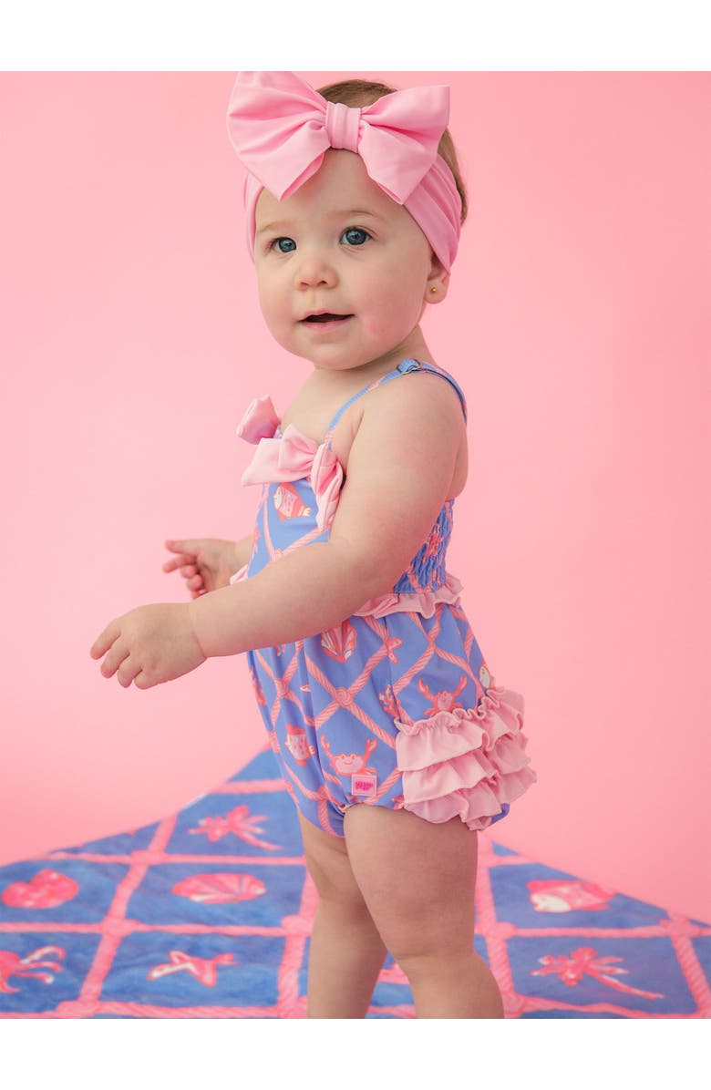 RuffleButts UPF50+ One Piece Bow Bubble Romper Swimsuit, Alternate, color, Tropical Trellis