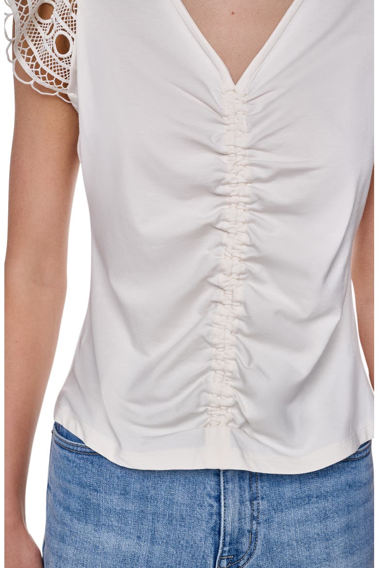 Center Ruched Lace Sleeve Cotton Blend Top, Alternate, color, COCONUT