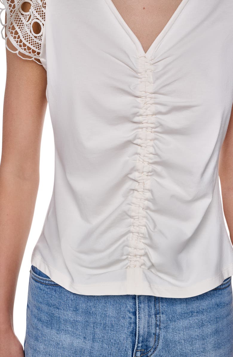 DKNY Center Ruched Lace Sleeve Cotton Blend Top, Alternate, color, Coconut