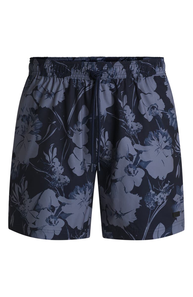 BOSS Alain Floral Stretch Swim Trunks, Alternate, color, Navy