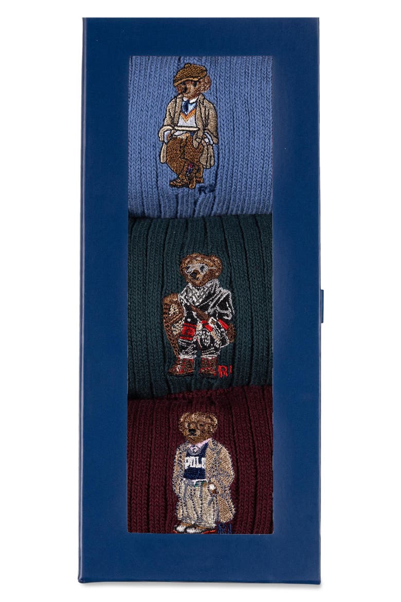 Embroidered Bears Assorted 3-Pack Cotton Blend Crew Socks Gift Box, Alternate, color, WINE/ GREEN/ BLUE ASSORTED