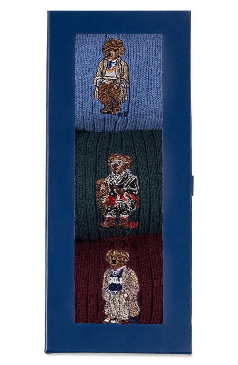 Polo Ralph Lauren Embroidered Bears Assorted 3-Pack Cotton Blend Crew Socks Gift Box, Alternate, color, Wine/ Green/ Blue Assorted