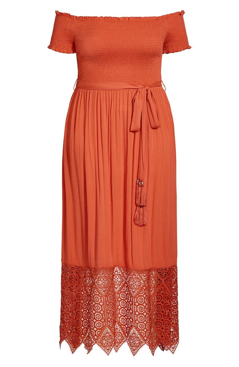 City Chic Off the Shoulder Maxi Dress, Alternate, color, Tangerine