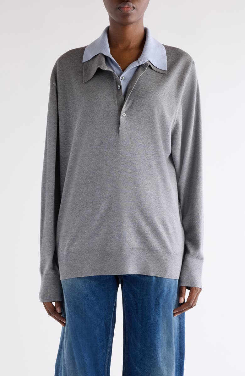 Acne Studios Koyat Layered Silk, Wool & Cashmere Polo Sweater, Main, color, Sky Blue/ Light Grey Melange