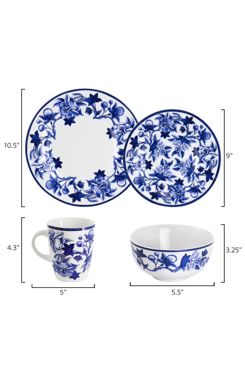 Elama Cattleya Orchid 16 Piece Round Porcelain Dinnerware Set, Alternate, color, Blue