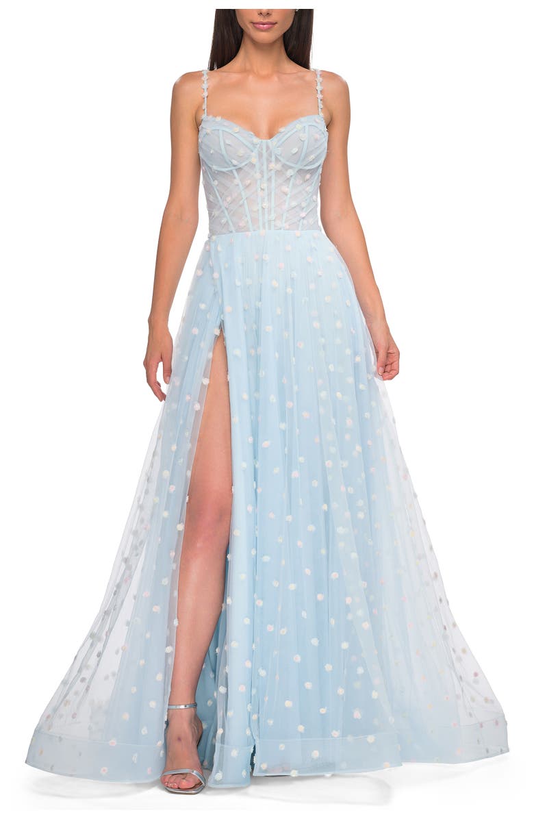 La Femme Polka Dot Tulle Prom Dress with Sheer Corset Top, Alternate, color, Light Blue