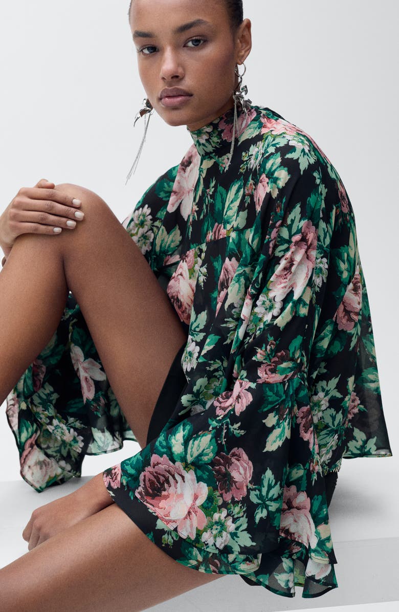 MANGO Floral Print Tie Neck Top, Alternate, color, 