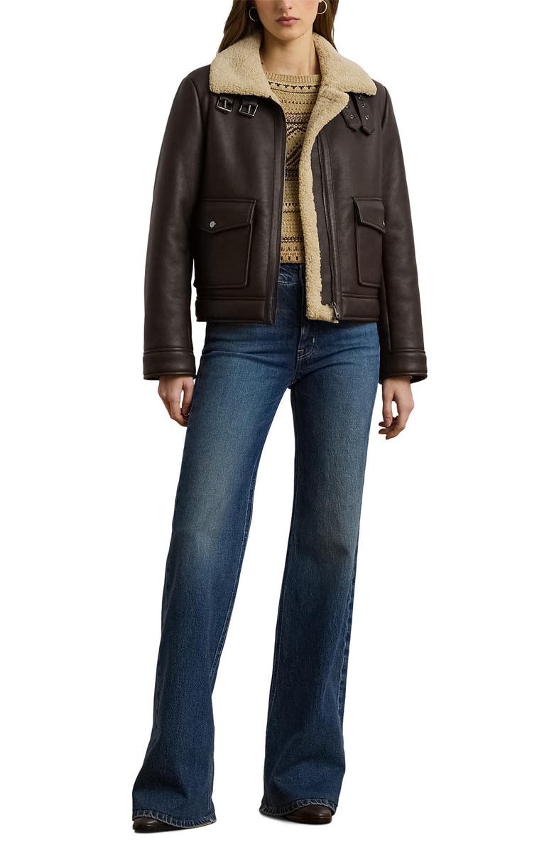 Lauren Ralph Lauren Faux Leather & Faux Shearling Bomber Jacket, Alternate, color, Circuit Brown