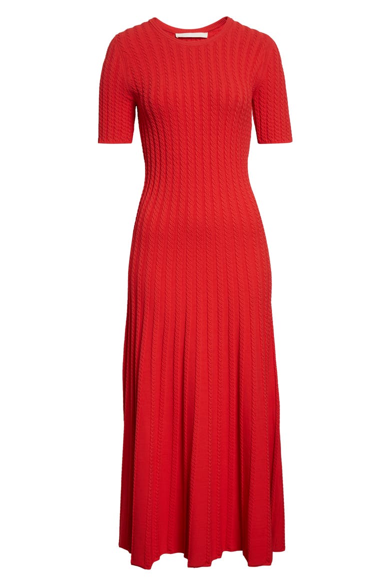 Cable Stitch Short Sleeve Midi Sweater Dress, Alternate, color, PAPAYA