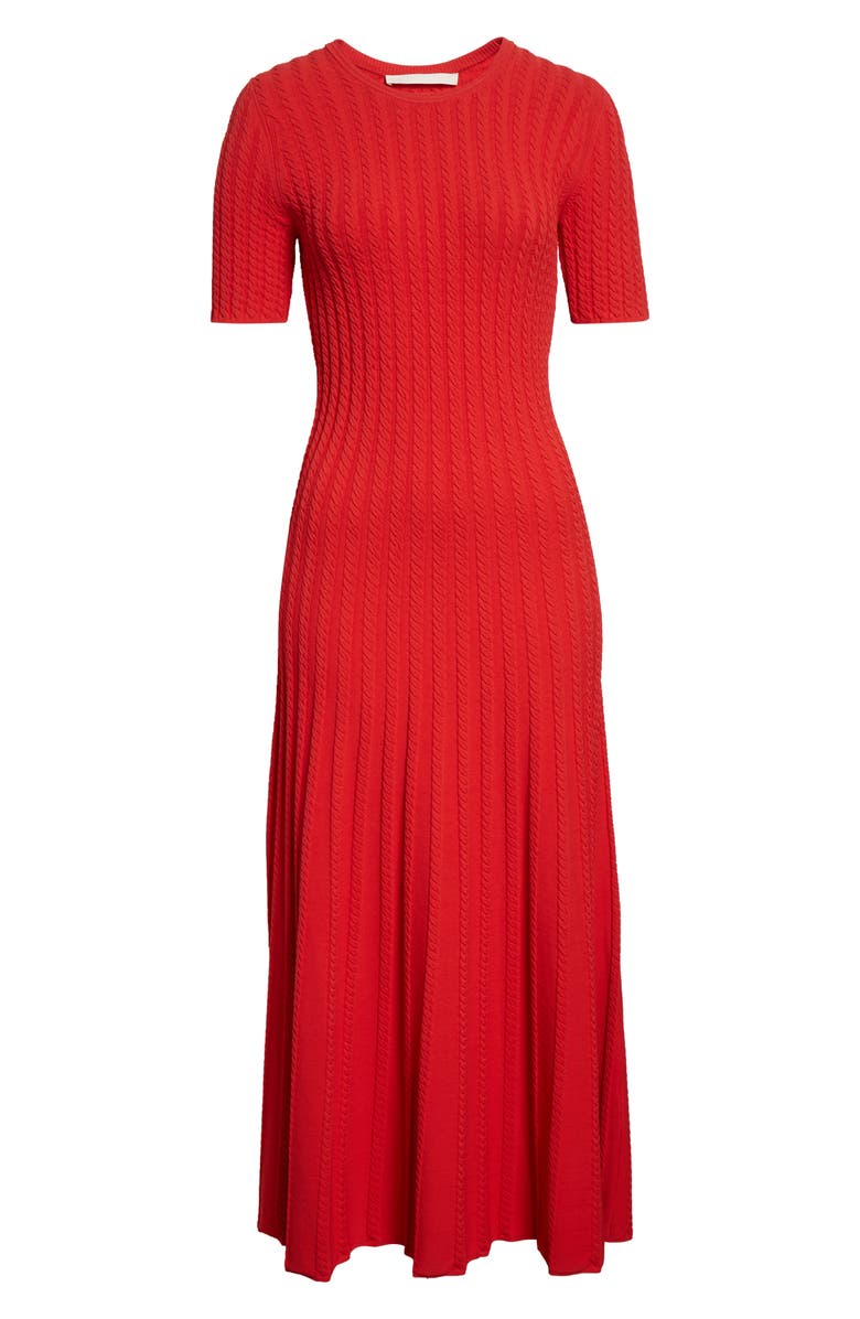 Jason Wu Collection Cable Stitch Short Sleeve Midi Sweater Dress, Alternate, color, Papaya