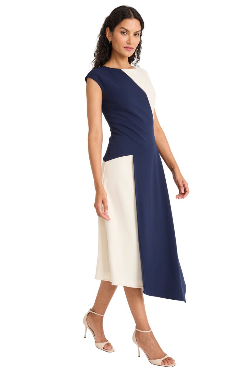 Maggy London Colorblock Cap Sleeve Asymmetric Hem Midi Dress, Alternate, color, Navy Blazer