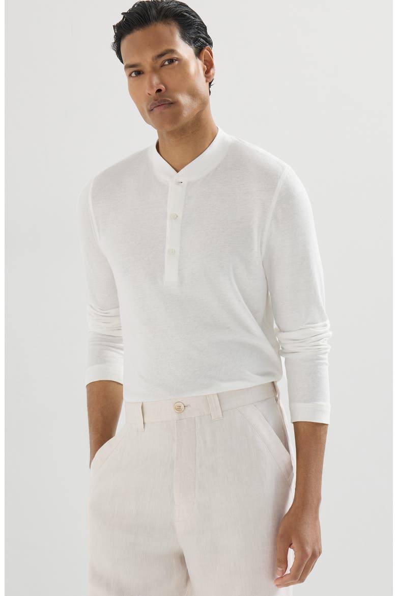 Linen and cotton jersey long sleeve T-shirt with Henley collar, Alternate, color, Off-White