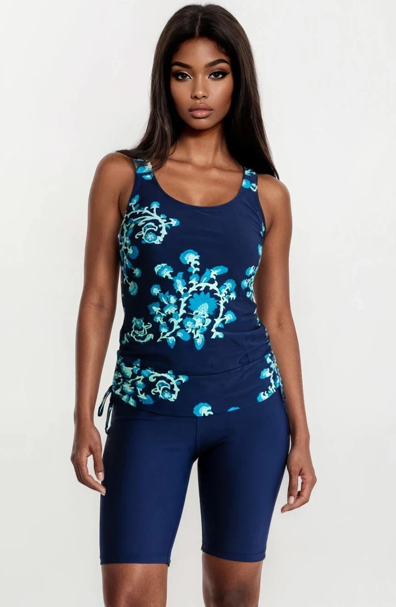 Calypsa Maya Tankini Swim Top With Built-in Bra and Navy Long Bike Swim Shorts Set, Main, color, Barbados Blue