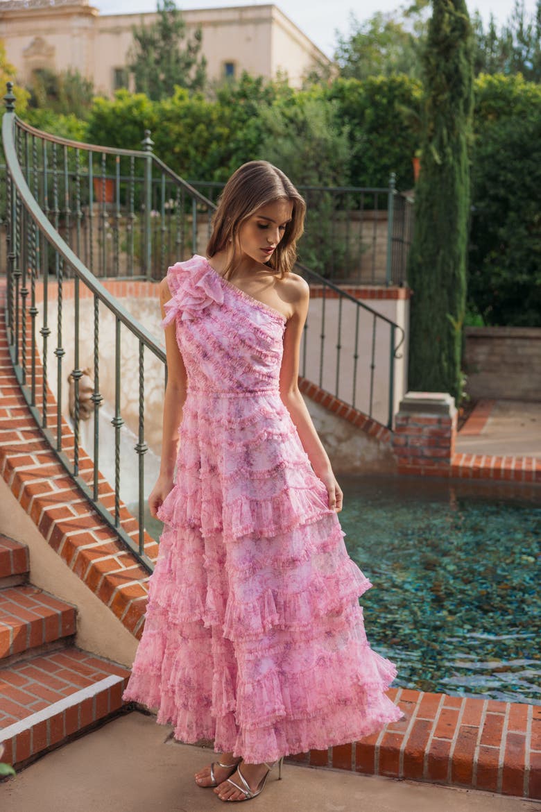 Printed One Shoulder Ruffled A Line Midi Dress, Alternate, color, Pastel Multi