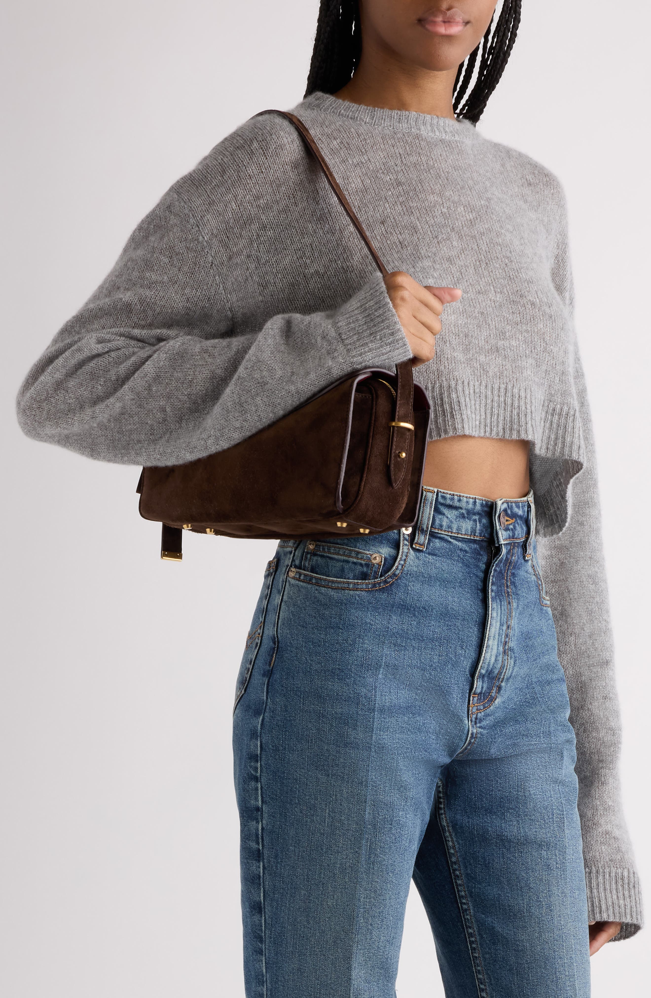 Balenciaga Medium Paris VII Suede Shoulder Bag, Alternate, color, Moka/ Ruby