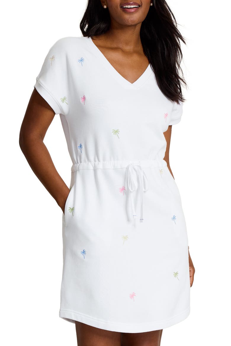Marina del Mar Embroidered Palm Tree Cotton Fleece V-Neck Dress, Alternate, color, WHITE