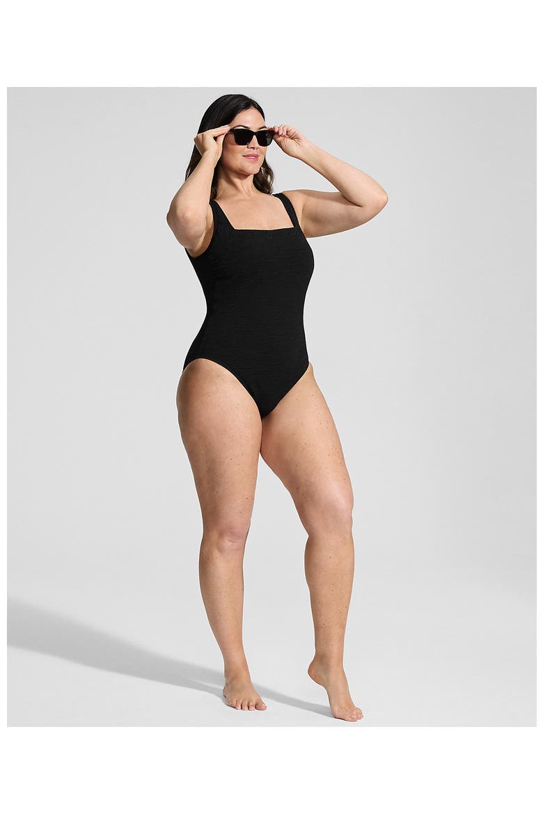 Womens Boucle Square Neck Scoop Back One Piece Swimsuit, Alternate, color, Black