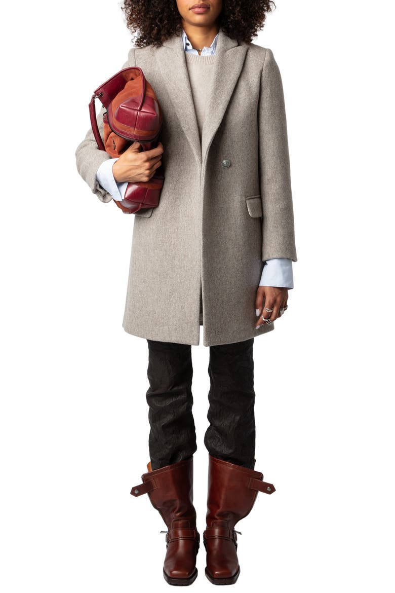 Marco Chevron Wool Blend Coat, Alternate, color, LATTE