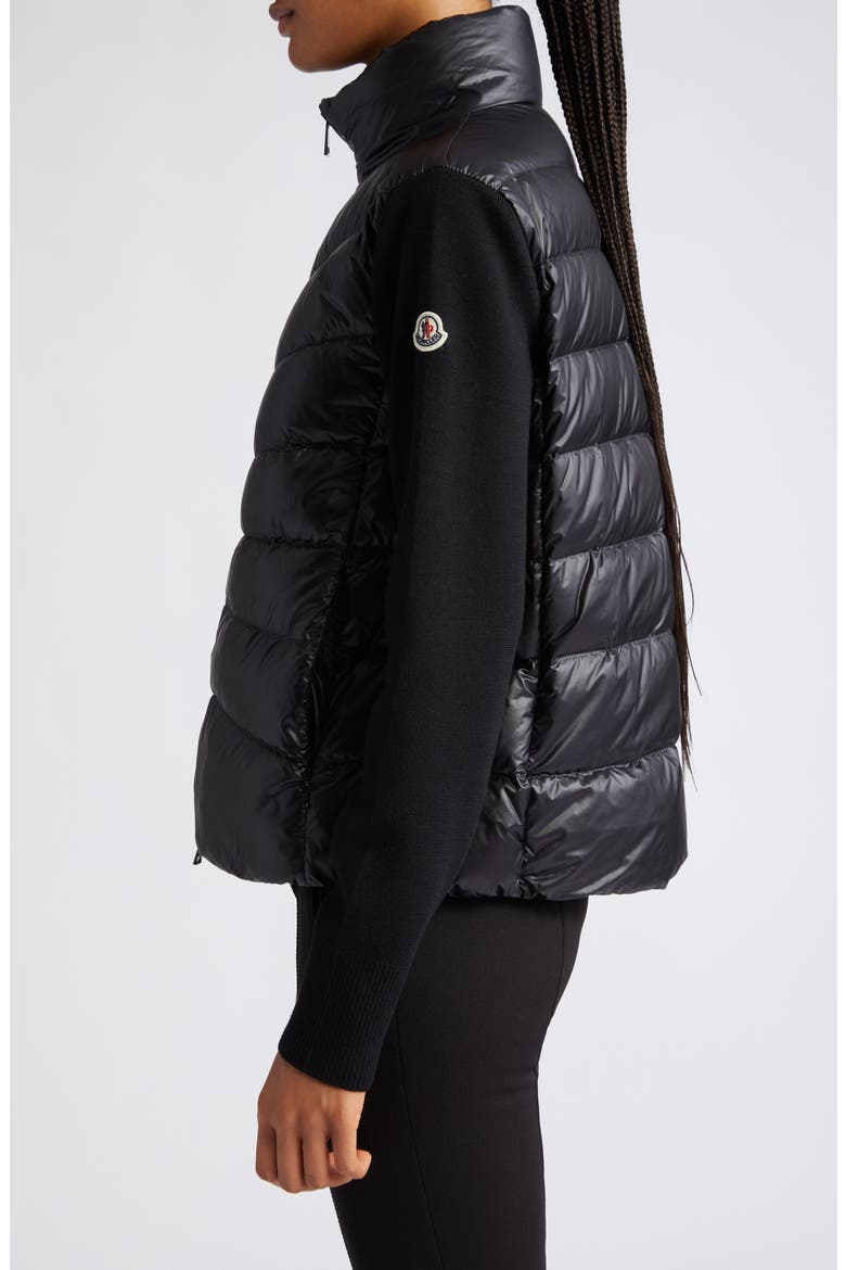 Quilted Nylon & Wool Knit Cardigan, Alternate, color, BLACK