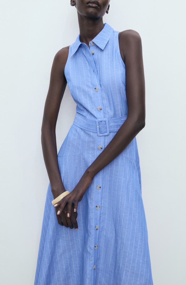 MANGO Pinstripe Sleeveless Cotton & Linen Blend Shirtdress, Alternate, color, Medium Blue