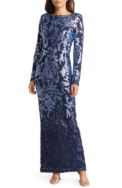 Ombré Sequin Tapestry Long Sleeve Gown