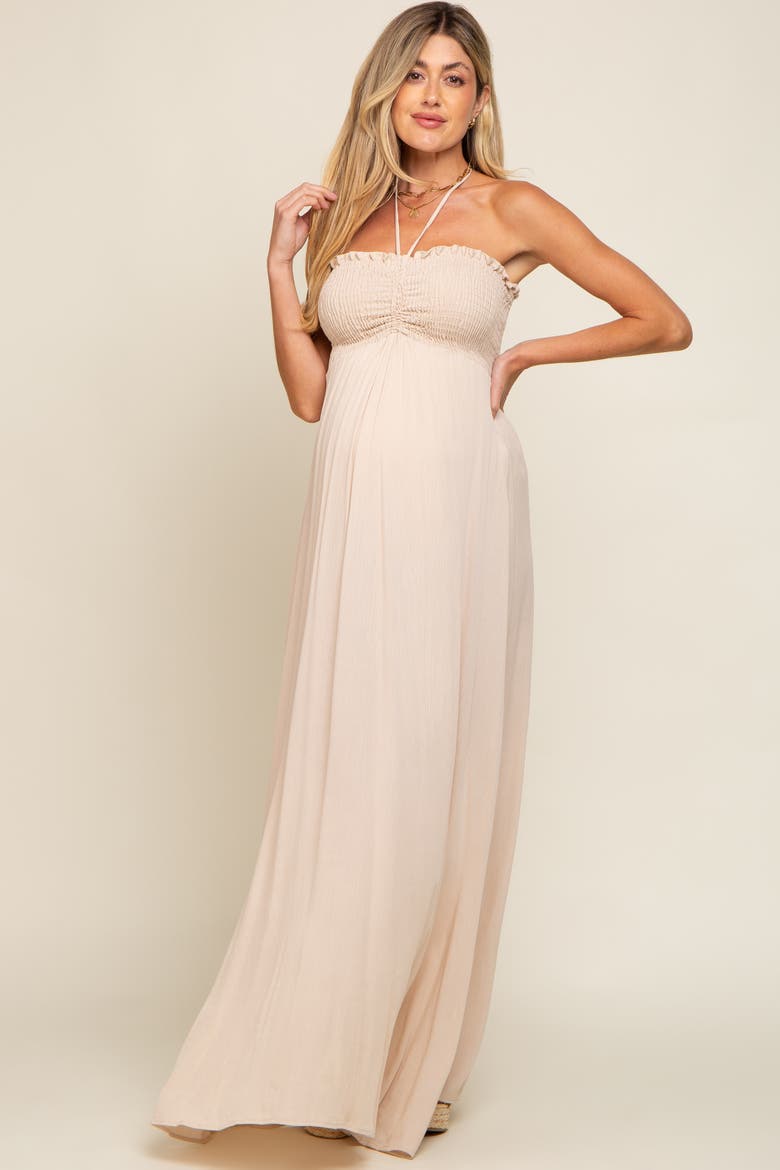 Smocked Halter Maxi Dress, Alternate, color, Beige