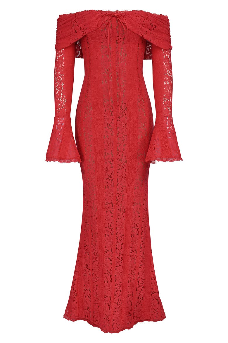 Belle Off the Shoulder Long Sleeve Mermaid Gown, Alternate, color, RED