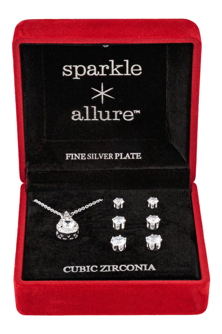 Cubic Zirconia Pendant Necklace & Stud Earrings Set, Main, color, SILVER