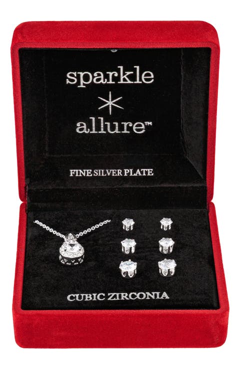 Cubic Zirconia Pendant Necklace & Stud Earrings Set